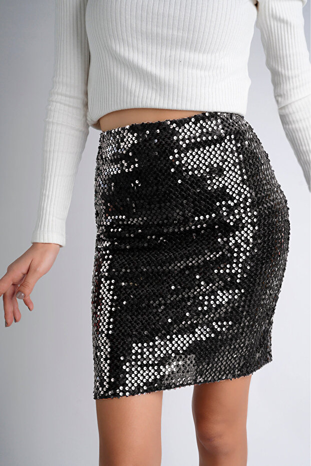 47 Cm 170 Pullu Mini Etek Siyah Gümüş - 5