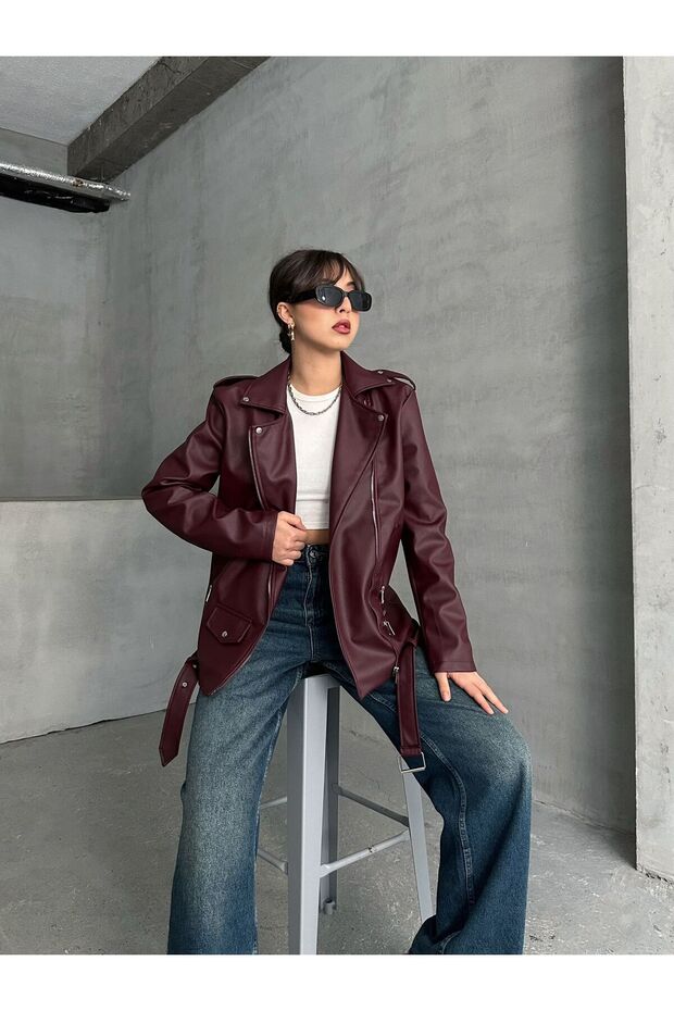 Damska skórzana kurtka oversize typu biker - 4