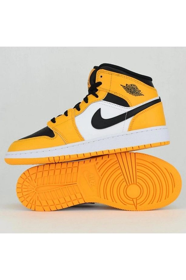 Air Jordan 1 Mıd Leather Sneaker Kadın Bilekli Hakiki Deri Siyah Sarı Beyaz Spor Ayakkabı - 4