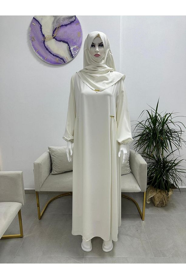 Ferace & Abaya Sufle Takım Yandan Robalı Elbise .hac Ve Umre Için Uygundur ekru Rengi - 4
