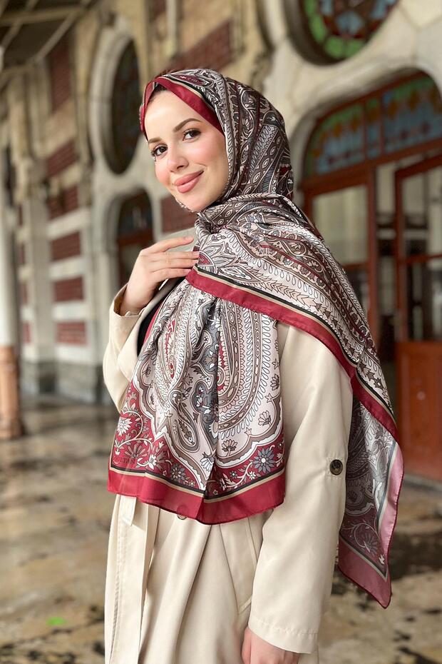 شال حريري - SLT2892-13 - نمط شال - أحمر كلاريت