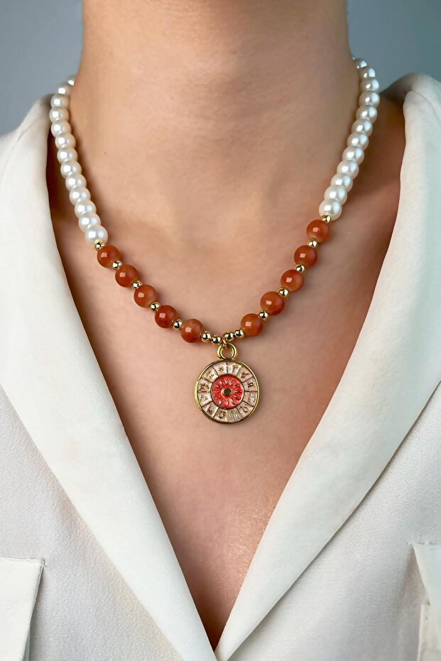 Gemstone Medallion Pendant with Pearl and Bead Necklace - Orange