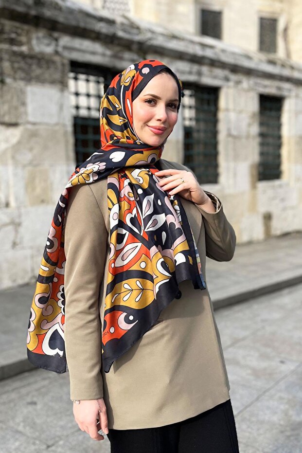 Soft Pamuk Şal - Mira Desen - SLT2527-19 - Siyah, Sarı, Kiremit - 3