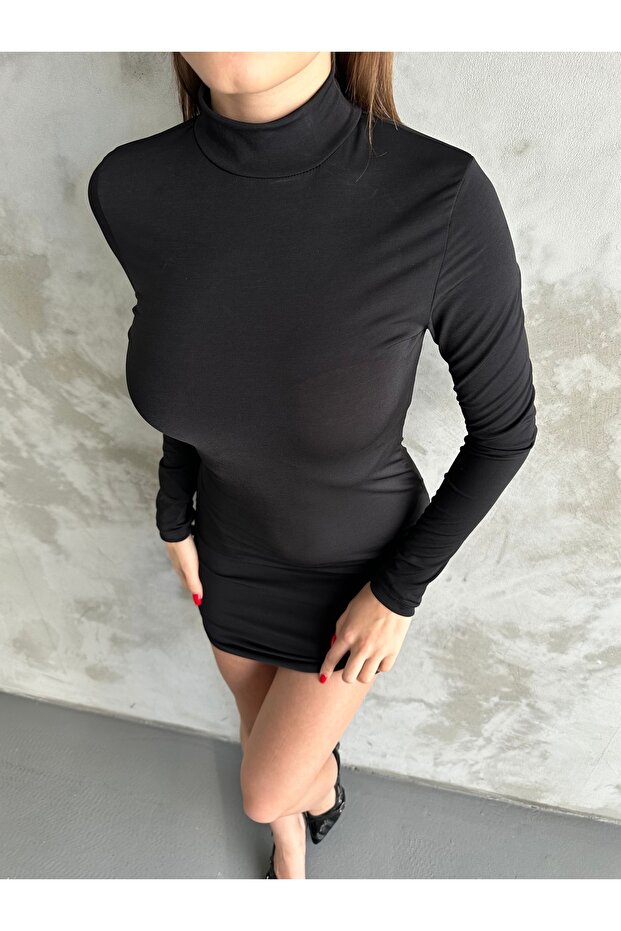 Dik Yaka Siyah Mini Elbise - 7