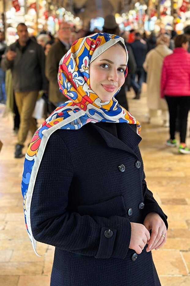 Soft Pamuk Şal - Mira Desen - SLT2527-01 - Mavi, Turuncu, Pembe - 3