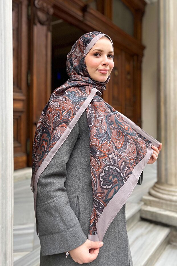 Soft Pamuk Şal - Retro Desen - SLT3078-07 - Vizon, Gri, Kiremit - 3