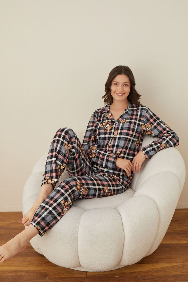 Women's Front Button Shirt Collar Suede Fabric Pajamas Set