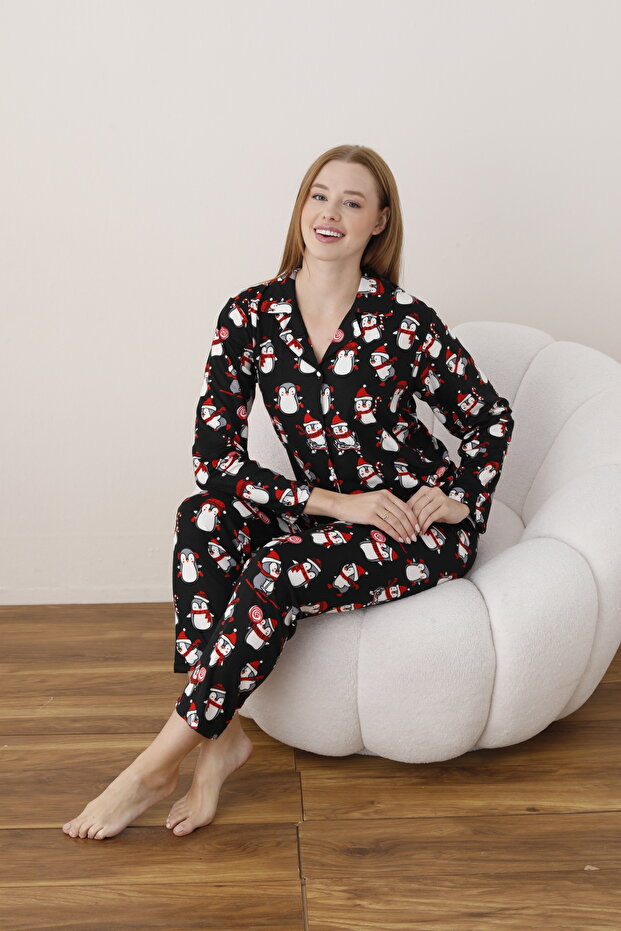 Women's Front Button Shirt Collar Suede Fabric Pajamas Set
