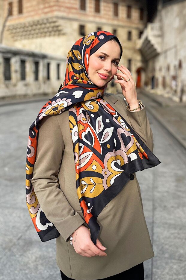 Soft Pamuk Şal - Mira Desen - SLT2527-19 - Siyah, Sarı, Kiremit - 1