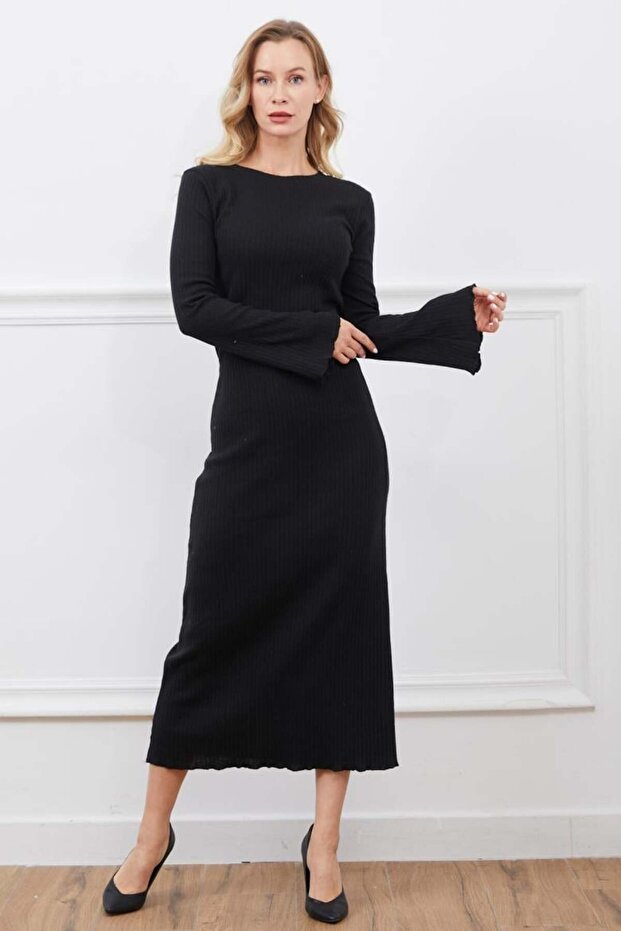 Siyah Fitilli Elbise - 3