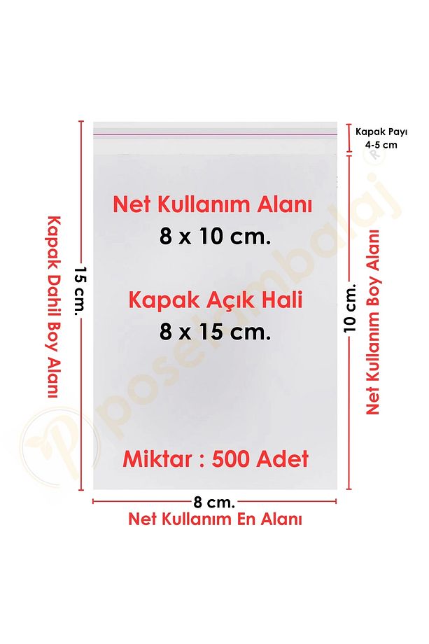 8x10+5 Cm (8*15) 500 Adet Şeffaf Bantlı Yapışkanlı Jelatin Poşet - 1