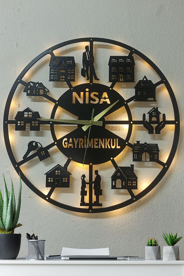 Emlak ofisleri için LED aydınlatmalı, şık ve kişiselleştirilebilir duvar saati - 3