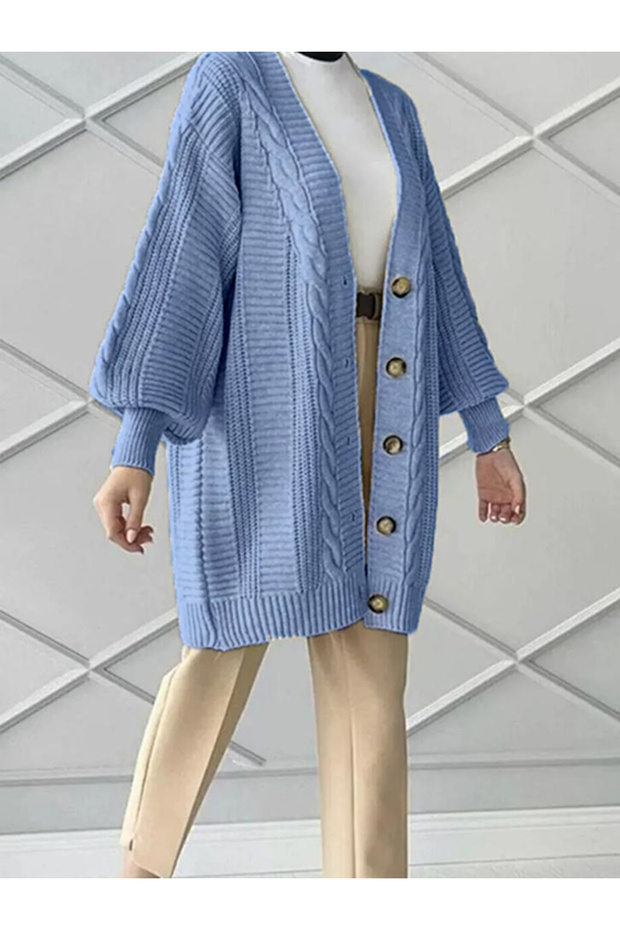 Oversize Balloon Sleeves Knitted Patterned Tricot Women's Cardigan (80cm, Size 38-44)