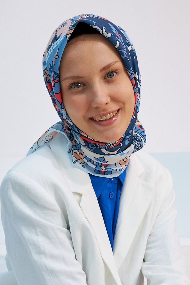 Mozaik Mavi Pamuk Viskon Eşarp - 1