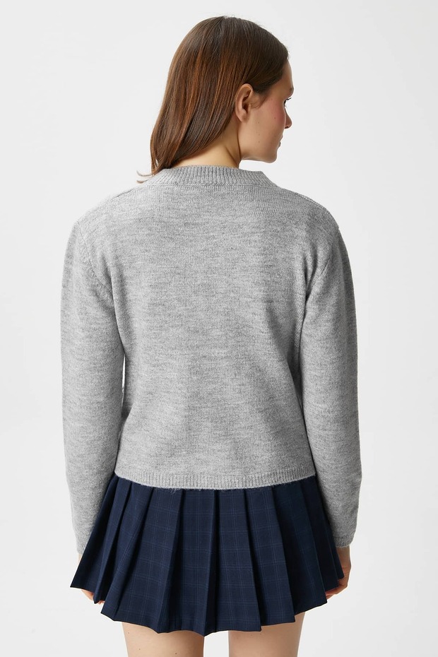 Kadın Nina Bisiklet Yaka Gri Basic Hırka - 5