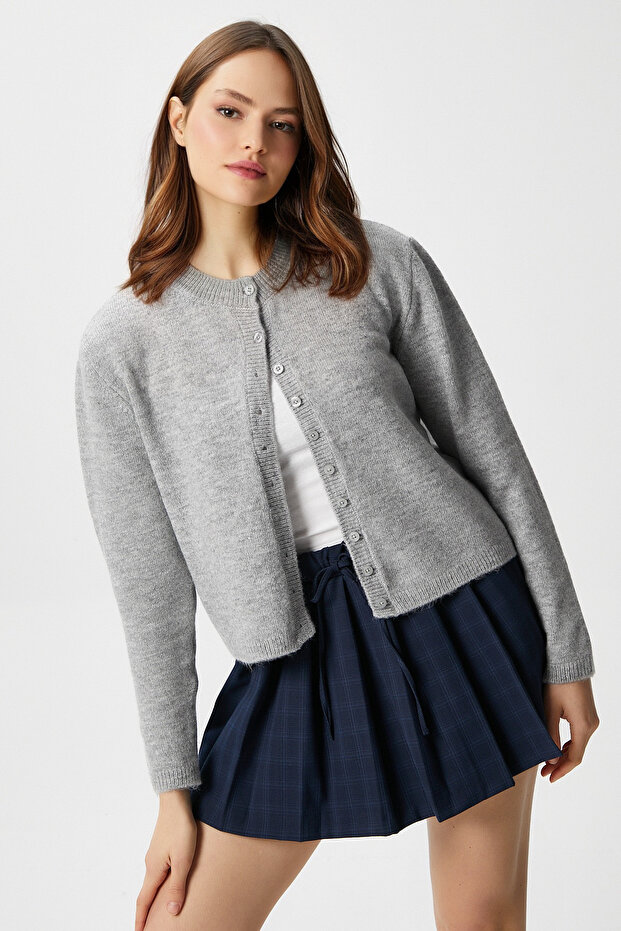 Kadın Nina Bisiklet Yaka Gri Basic Hırka - 1