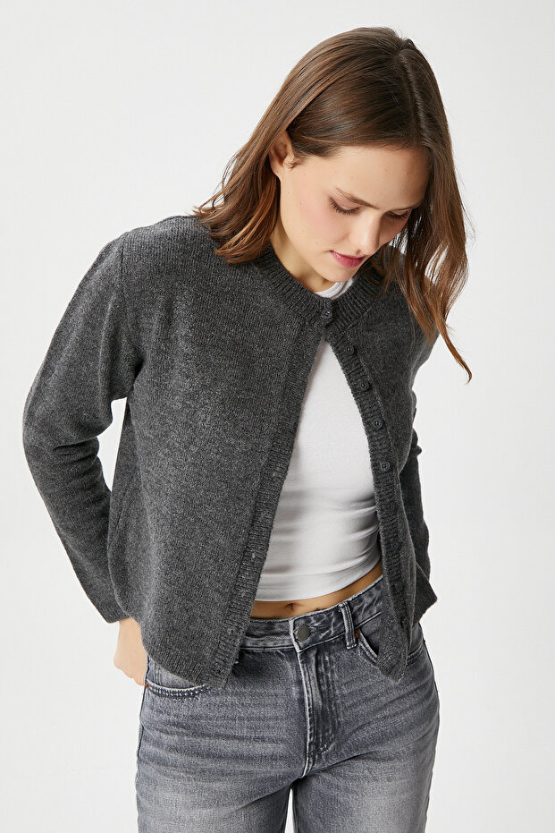 Kadın Nina Bisiklet Yaka Antrasit Basic Hırka - 5