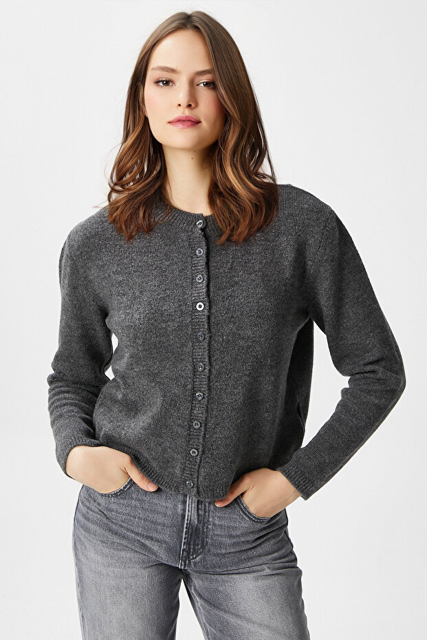 Kadın Nina Bisiklet Yaka Antrasit Basic Hırka - 2