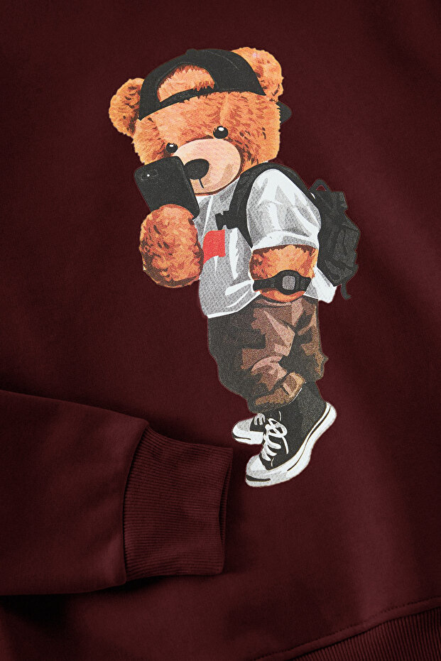 Bordo Unısex Oversize Ayıcık Baskılı İçi Polar/Sıcak Tutan Kapüşonlu Sweatshirt TMNAW25SW00210 - 3