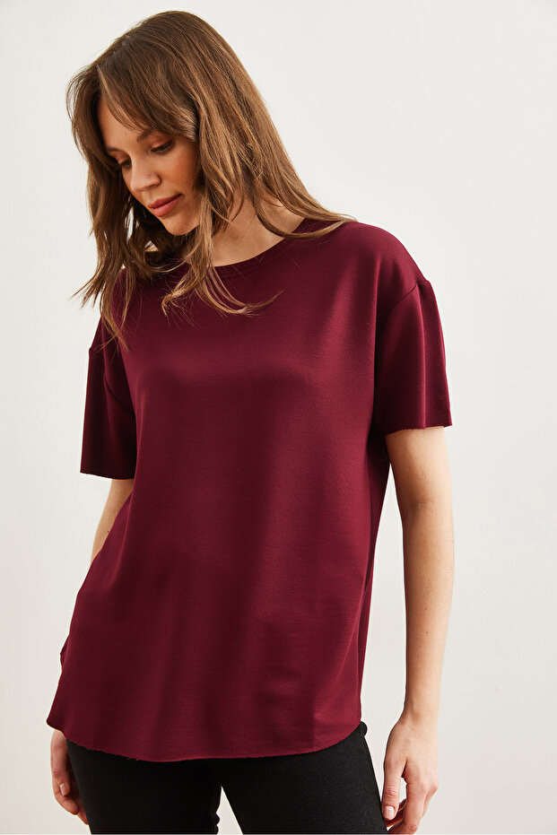 Women's Burgundy Modal Button Soft Textured Six Oval T-Shirt Tsh- 19000771