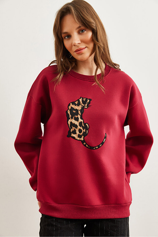 Women's Burgundy Leopard Applique Raster Oversize Sweatshirt Swt- 19000698