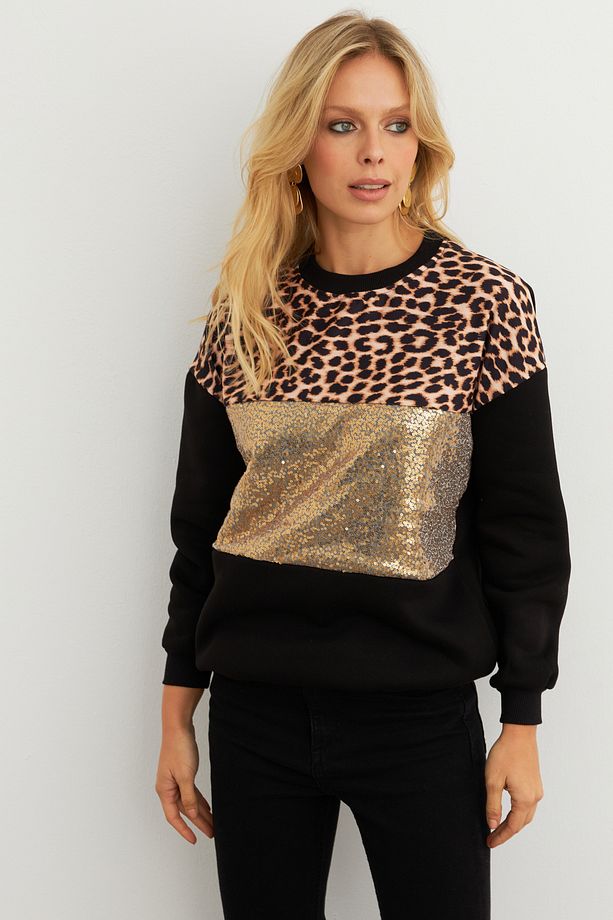 Kadın Siyah-Camel Bloklu Sweatshirt MST098 - 1