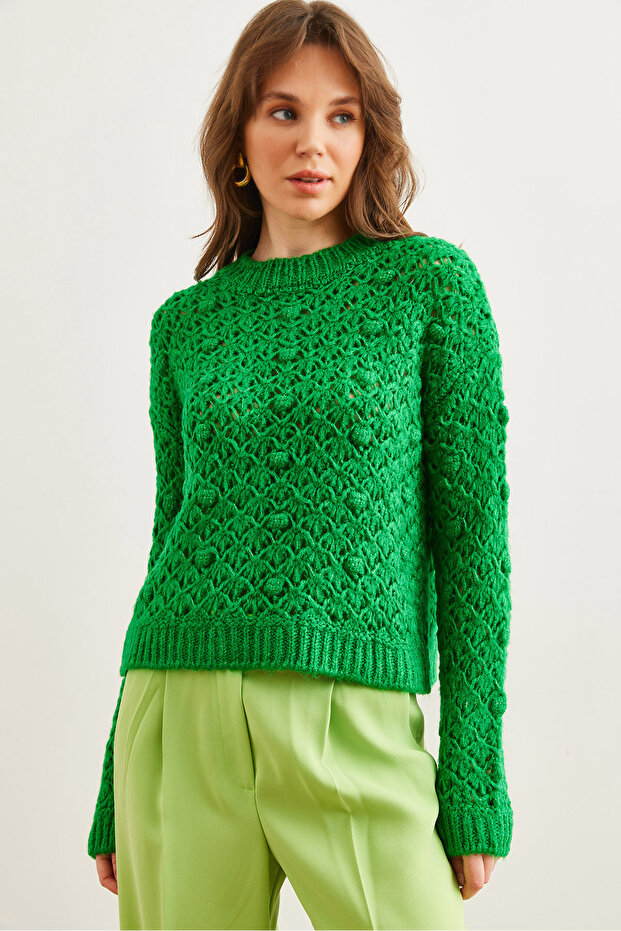 Women's Green Openwork Pompom Soft Textured Knitwear Sweater Kzk- 19000935