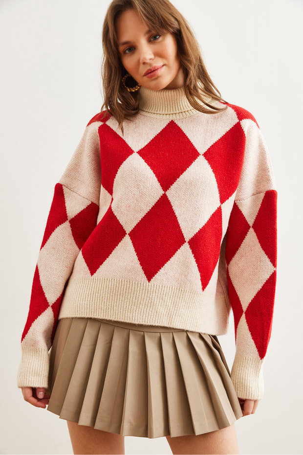 Women's Red Turtleneck Diamond Pattern Oversize Knitwear Sweater Kzk- 19000941