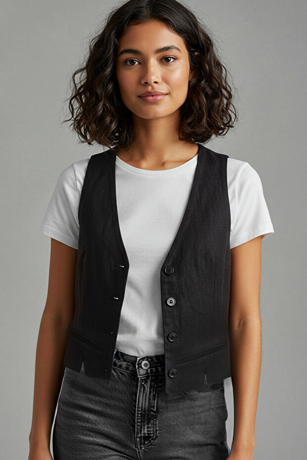 Siyah Fitted Keten Görünümlü V Yaka Crop Dokuma Yelek TWOSS25YE00028 - 6
