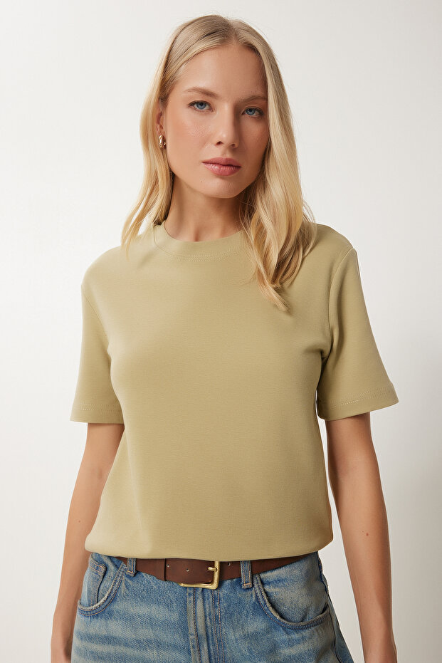 Women's Light Green Cotton Basic Knitted T-Shirt Ag00001