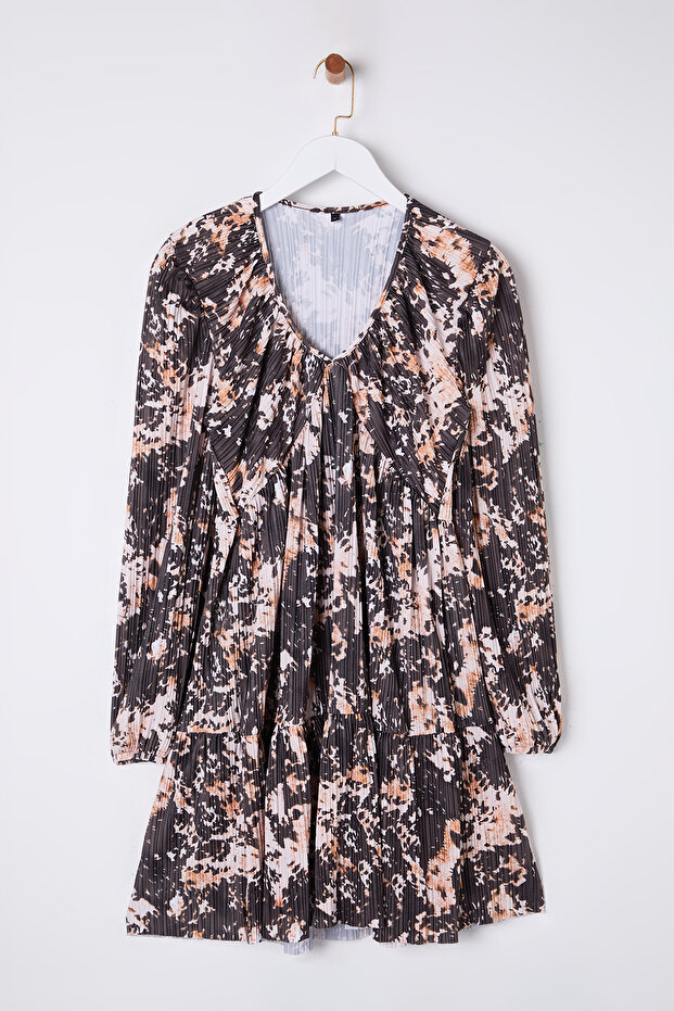 Çok Renkli Soyut Büzgü / Drape Mini Soyut Baskılı Pilise Vücuda Oturan Örme Elbise TWOSS25EL00099 - 6