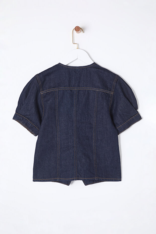 Koyu Mavi Kısa Balon Kollu V Yaka Denim Bluz TWOSS25BZ00000 - 9