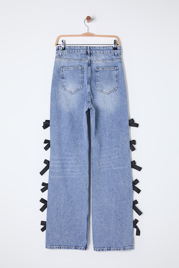 Mavi Kurdele/Fiyonk Detaylı Normal Bel Wide Leg Geniş Paça %100 Pamuk Jeans TWOSS25JE00035 - 10