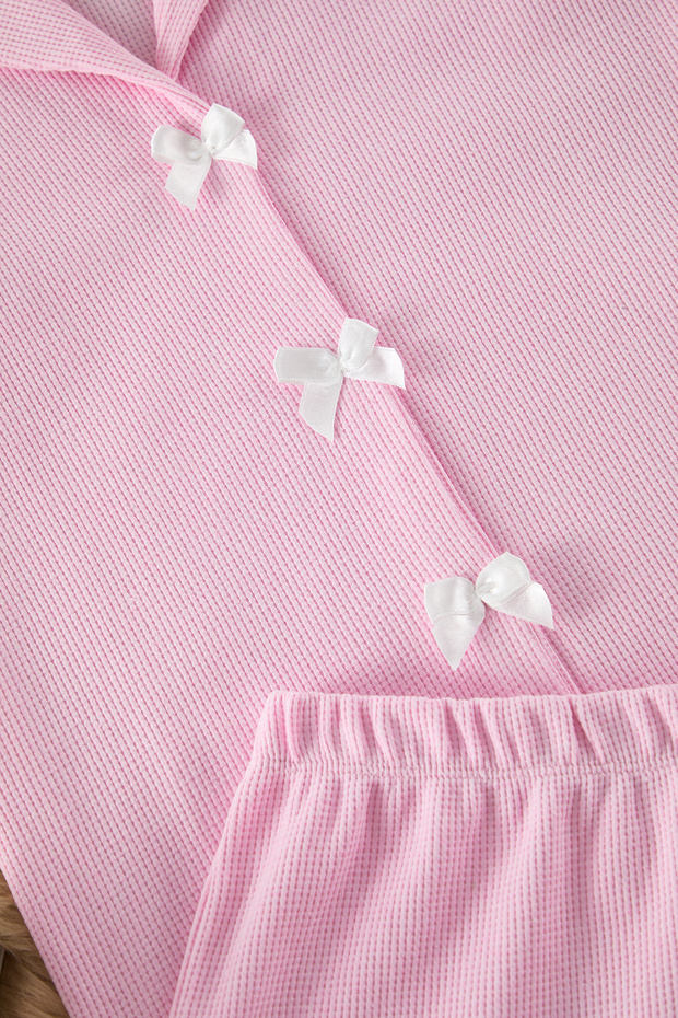 Pembe Kurdele/Fiyonk Detaylı Waffle Kumaş Şortlu Örme Pijama Takımı THMSS25PT00014 - 7