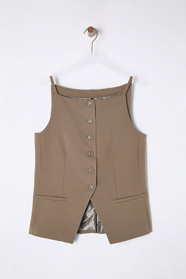 Bej Regular Boy Askılı Fitted Dokuma Yelek TWOSS25YE00010 - 6