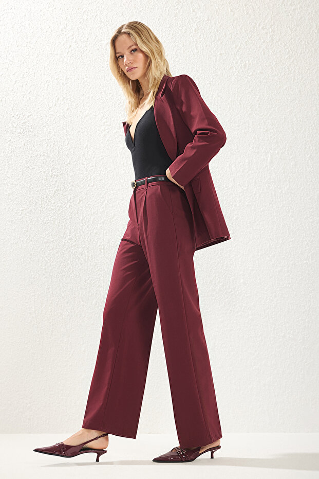 Bordo Pilili Wide Leg/Geniş Paça Dokuma Pantolon TWOAW25PL00113 - 2