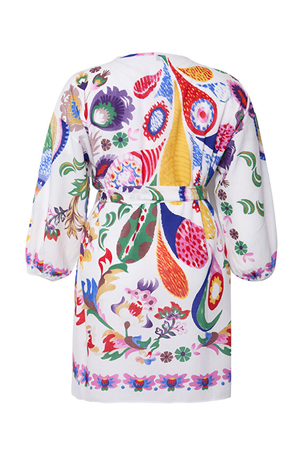 Çok Renkli Çiçek Desenli Kuşaklı Mini Dokuma Balon Kollu %100 Pamuklu Kimono&Kaftan TBBSS25DE00001 - 9
