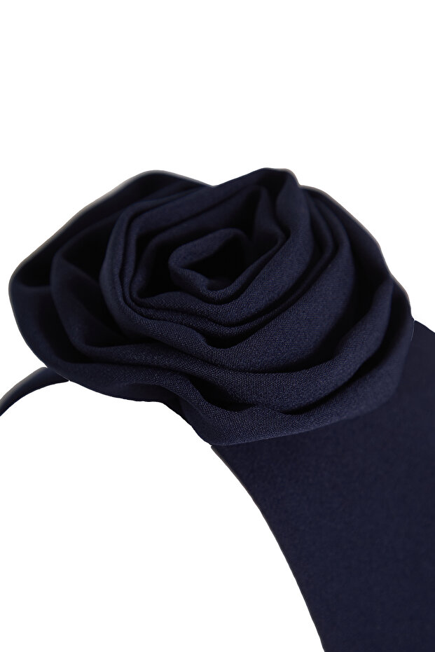 Koyu Lacivert Fitted Tek Omuz Güllü Crop Dokuma Yelek TWOSS24YE00038 - 8