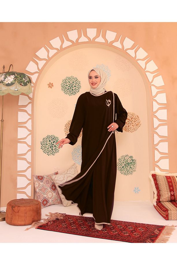 Elif Vav Nakışlı Çıtçıtlı Ferace Acı Kahve - 4