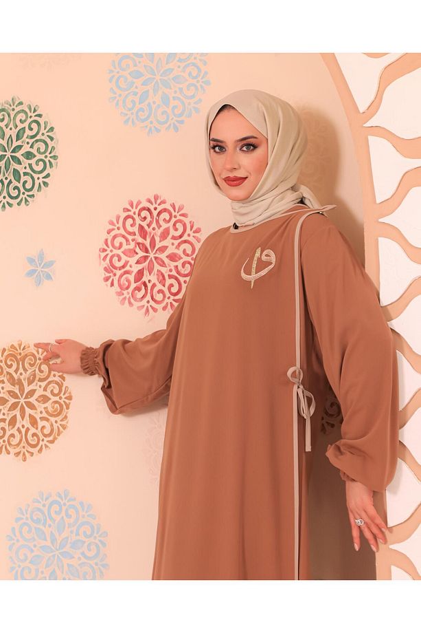 Elif Vav Nakışlı Çıtçıtlı Ferace Camel - 7