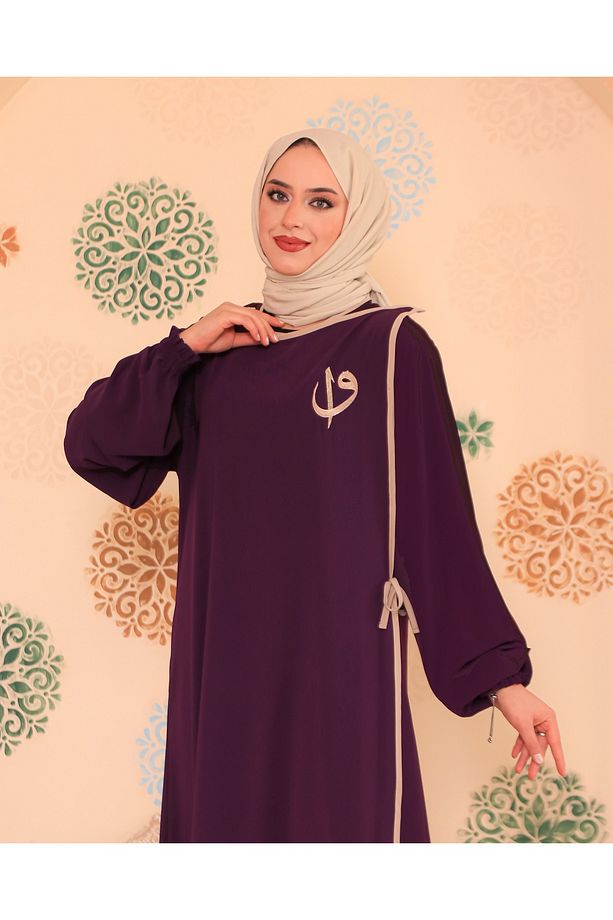 Elif Vav Nakışlı Çıtçıtlı Ferace Mor - 4