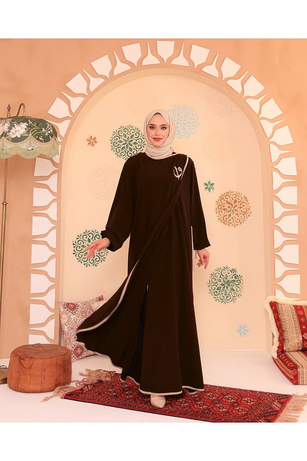 Elif Vav Nakışlı Çıtçıtlı Ferace Acı Kahve - 2