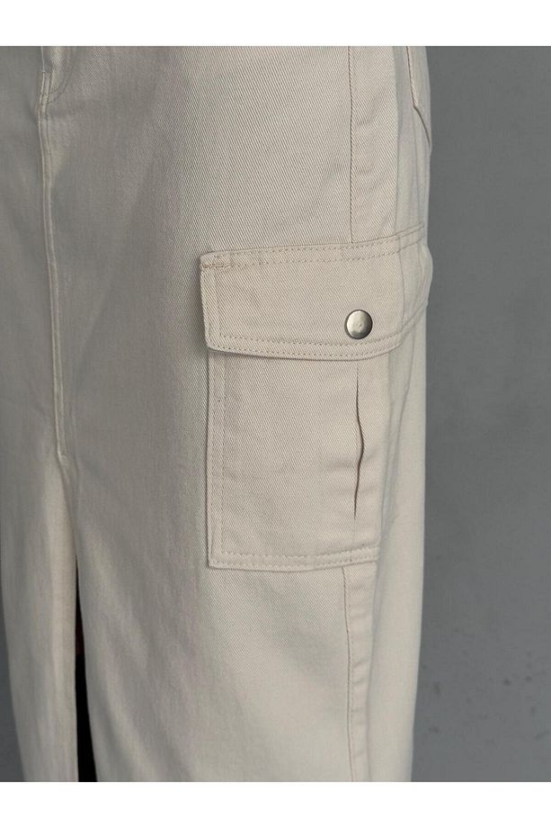 KARGO CEPLİ ÖN YIRTMAÇLI BEJ DENIM ETEK - 7