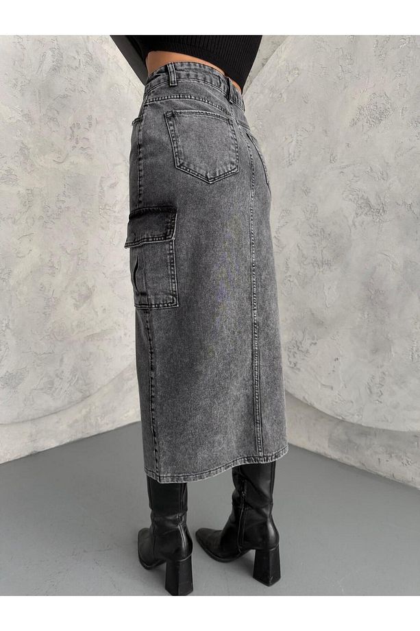 KARGO CEPLİ ÖN YIRTMAÇLI YIKAMALI DENIM ETEK - 8