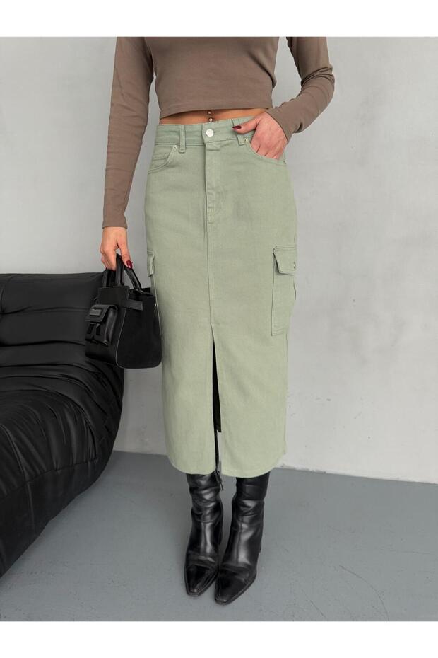 KARGO CEPLİ ÖN YIRTMAÇLI GREEN DENIM ETEK - 7