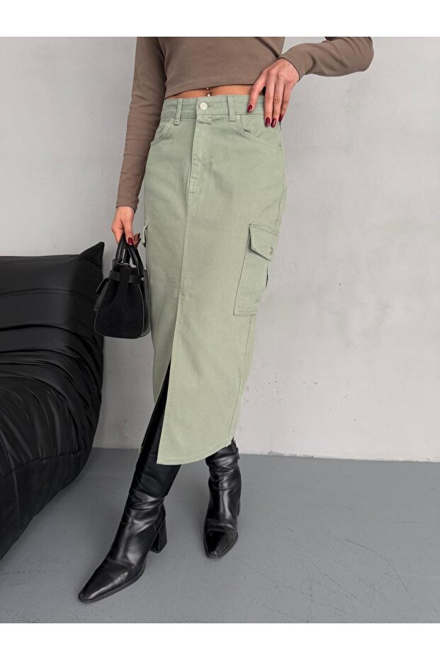 KARGO CEPLİ ÖN YIRTMAÇLI GREEN DENIM ETEK - 8