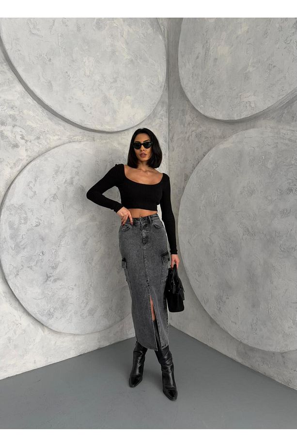 KARGO CEPLİ ÖN YIRTMAÇLI YIKAMALI DENIM ETEK - 3