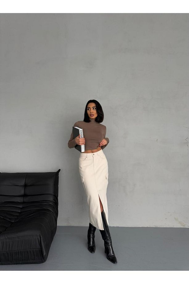 KARGO CEPLİ ÖN YIRTMAÇLI BEJ DENIM ETEK - 5