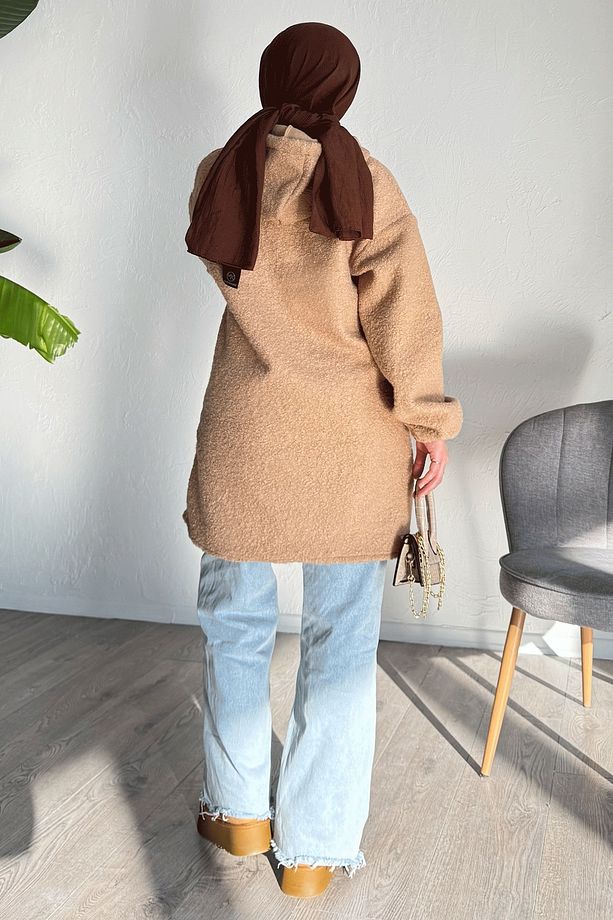 Kapüşonlu Buklet Kaşe Camel Kap - 5