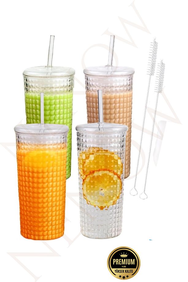 Pask Kapaklı ve Cam Pipetli Cam Bardak, Yüksek Borosilikat Cam Bardak Buzlu Kahve  Soda Su 1 ADET - 3